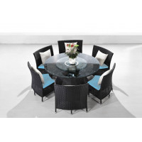 Manhattan Comfort OD-DS001-SB Nightingdale Black 7-Piece Rattan Outdoor Dining Set with Sky Blue and White Cushions